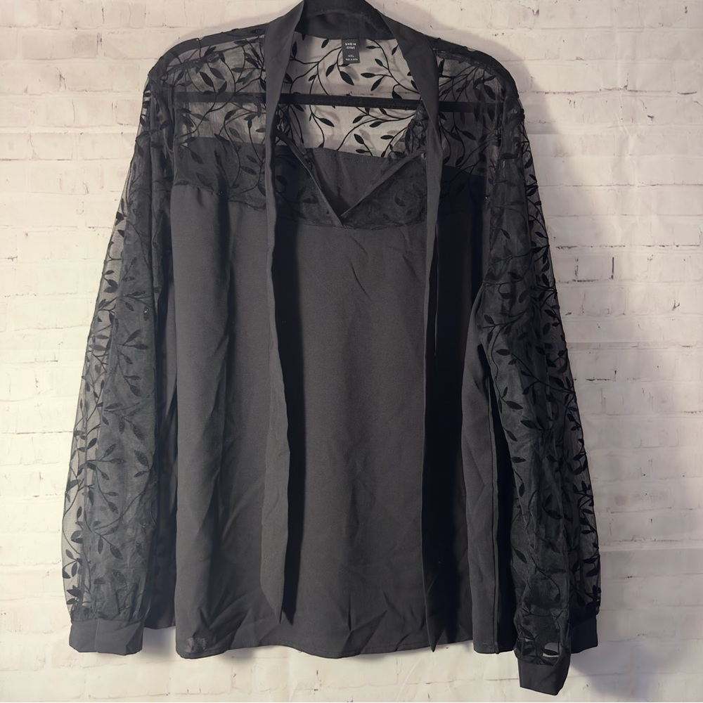 Plus Contrast Mesh Tie Neck Blouse